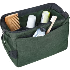 A green Circle Zipper Bag containing a comb, toiletries, and grooming products, featuring multiple compartments.
