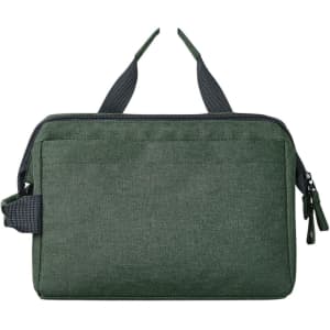 A green circle zipper bag with dual handles and a side strap, featuring a zip closure and a logo.