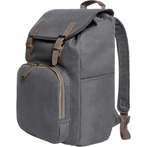 A grey backpack featuring adjustable straps, a front zip pocket, and a top flap with buckles. Includes a logo.