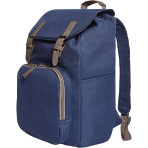 A navy blue backpack with two straps, a zipped front pocket, and a flap closure. It features a logo on the front.