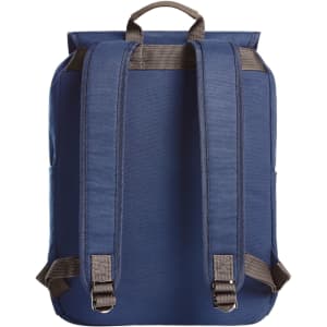 A navy blue laptop backpack featuring adjustable straps and a top handle, with a simple design and no visible branding.