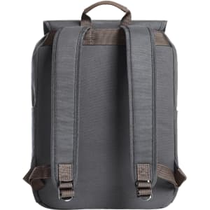 A grey backpack with brown straps and a top handle, featuring a simple and sleek design.
