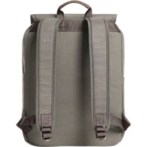 A grey backpack with adjustable straps and a top handle, featuring a simple, minimalist design.