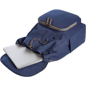 A blue backpack with a laptop compartment and zippered top, featuring a drawstring closure and a logo.