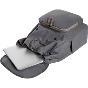 A grey laptop backpack featuring a top compartment and an opening for a laptop. Includes a logo on the front.