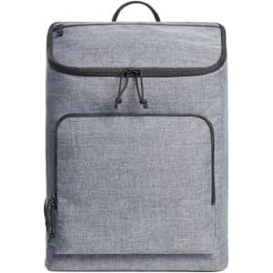 A grey cooler backpack featuring a main compartment and a front zippered pocket. It has a logo on the surface.