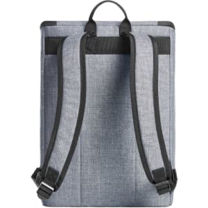 A grey backpack with black straps, featuring a simple design and a logo. Ideal for carrying drinks.