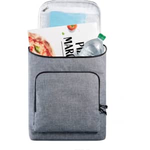 A grey cooler backpack with a bottle of water, a pizza box, and a blue insulation lining inside.