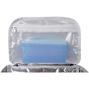A grey cooler backpack features a mesh pocket containing a blue ice pack, with zipped compartments for storage.