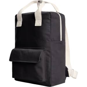 A black backpack with cream-coloured straps and a front pocket. It features a branding logo.
