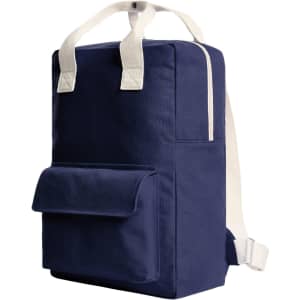 A navy backpack with beige straps and a front pocket, featuring a simple logo.