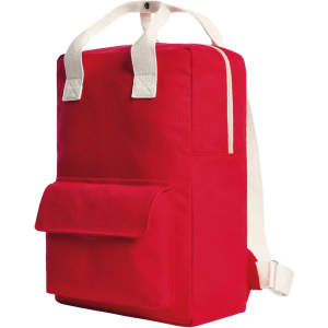 A red backpack with white straps and a front pocket, featuring a logo on the side.