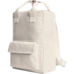 A cream-coloured backpack with a front pocket, two top handles, and adjustable shoulder straps. It features a logo.