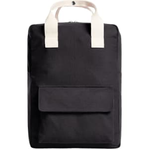 A black backpack with a front pocket and cream-coloured handles, featuring a logo on the front.
