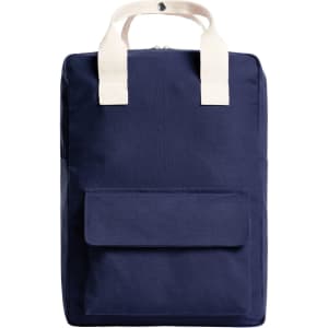 A navy blue backpack featuring dual handles and a front pocket. It has a logo on the front.