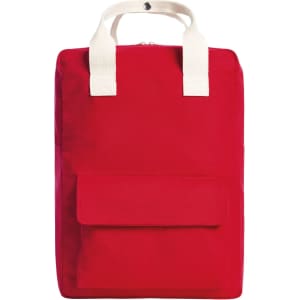 A red backpack with white handles and a front pocket, featuring a simple design and an unbranded logo.