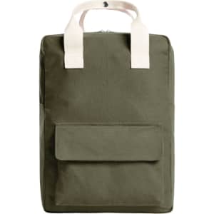 An olive green backpack with two top handles and a front pocket. It features a logo on the front.