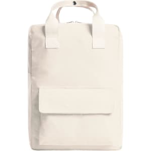 A cream-coloured backpack with two top handles and a front pocket. It features a logo on the exterior.