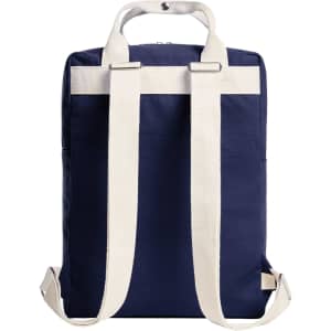 A navy blue backpack with white straps and a top handle. It features a simple design and a logo.