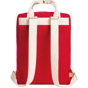 A red backpack with cream-coloured straps and a simple design. It features a logo on the back.