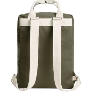 A green backpack with white straps and a simple design. The backpack has a logo on it.