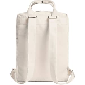 A light-coloured backpack with adjustable straps and a top handle, featuring a simple design. It has a logo on it.