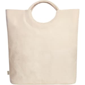 A beige tote bag with a rounded handle and a simple design; features a logo on the side.