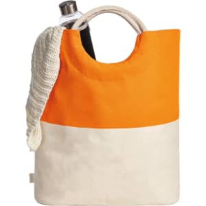 A tote bag in orange and cream with a drink bottle and a knitted item draped over the side.