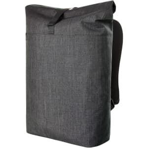 A grey roller backpack with a sleek design and padded straps, featuring a logo on the front.
