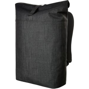 A grey roller backpack with a sleek design, featuring a secure strap and a logo on the front.