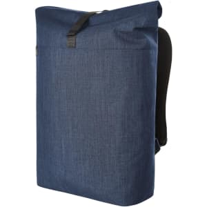 A blue roller backpack with a minimalist design, featuring a top flap and a logo. Suitable for laptops.