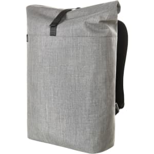 A grey laptop backpack with a roll-top design, featuring a black strap and back panel. It has a logo on the front.