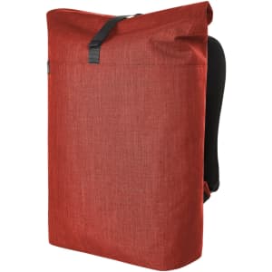 A red laptop roller backpack with a sleek design and black straps, featuring a logo on the front.