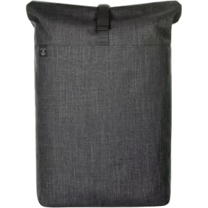 A grey laptop roller backpack with a fold-over top and a strap closure, featuring a logo on the side.