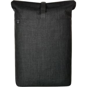 A black roll-top backpack with a sleek design and a logo on the front. Ideal for carrying laptops and everyday essentials.