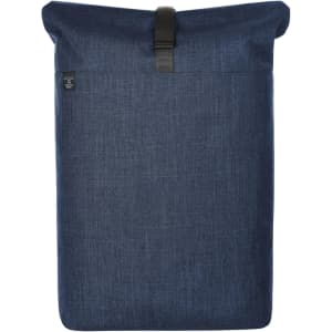 A navy blue roller backpack with a roll-top design and a black strap closure. Features a logo on the front.