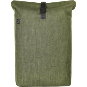 A green roller backpack with a textured surface and a top flap secured by a strap. It features a logo.