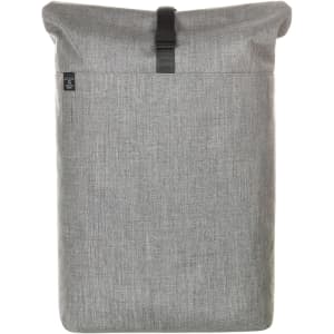 A grey laptop backpack with a roll-top closure and a front pocket, featuring a logo on the side.