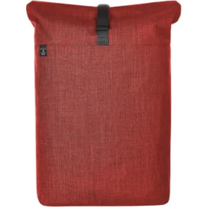A red roller backpack with a fold-over top and a black strap, featuring a subtle texture and a small logo.