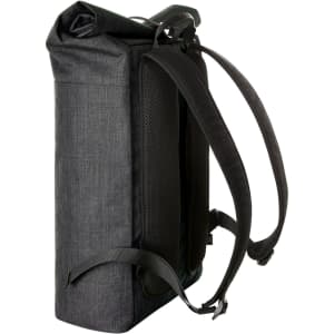 A dark grey roller backpack with black straps and mesh backing, featuring a sleek, modern design.