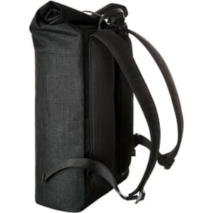 A dark grey roller backpack with padded straps and a structured design, featuring a logo on the side.
