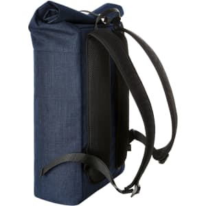 A navy blue roller backpack with adjustable black straps and a padded back for comfort. It has a simple design.