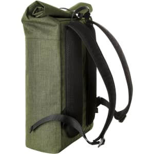 A green roller backpack with padded straps and a textured fabric. It features a design suitable for laptops.
