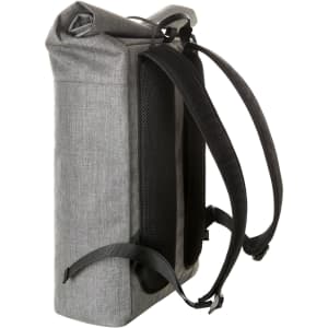 A grey roller backpack with padded shoulder straps and a sleek design, featuring a mesh back for comfort.
