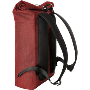 A red roller backpack featuring a roll-top design and padded shoulder straps. It includes a logo on the exterior.