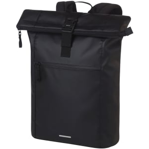A black Kurier Notebook Backpack featuring a roll-top closure, adjustable straps, and a front zip pocket.