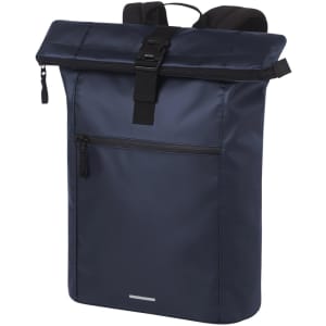 A navy Kurier Notebook Backpack with a roll-top design, featuring a front zip pocket and adjustable straps.