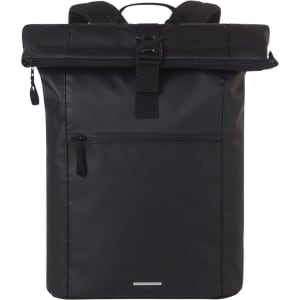 A black Kurier Notebook Backpack with a roll-top design and a front zip pocket. It has a logo on the front.