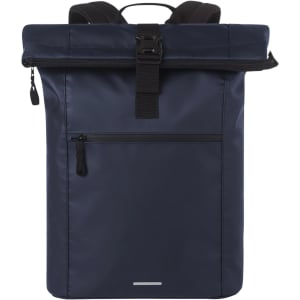 A navy blue Kurier Notebook Backpack featuring a roll-top design and a front zip pocket, with a logo on it.