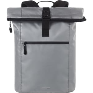 A grey Kurier Notebook Backpack featuring a roll-top closure and a front zip pocket with a logo.
